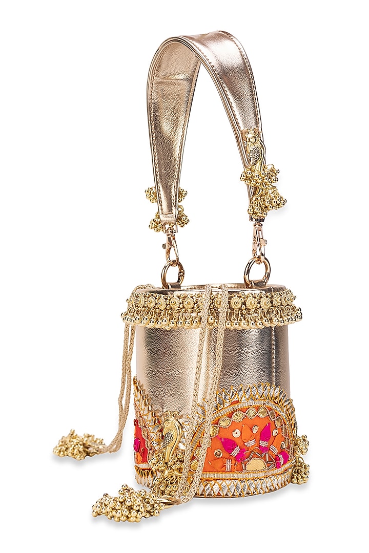 Gold Jute Gota-Patti Embellished Cylindrical Potli Bag by 5 Elements at Pernia's Pop Up Shop