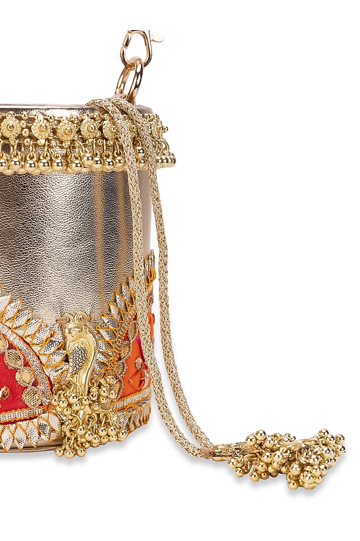 Gold Jute Gota-Patti Embellished Cylindrical Potli Bag by 5 Elements at Pernia's Pop Up Shop