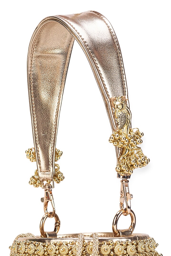 Gold Jute Gota-Patti Embellished Cylindrical Potli Bag by 5 Elements at Pernia's Pop Up Shop