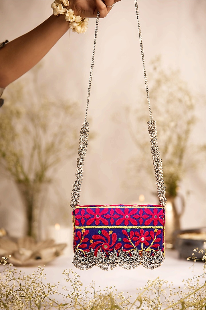 Purple Jacquard Embroidered Handbag by 5 Elements at Pernia's Pop Up Shop