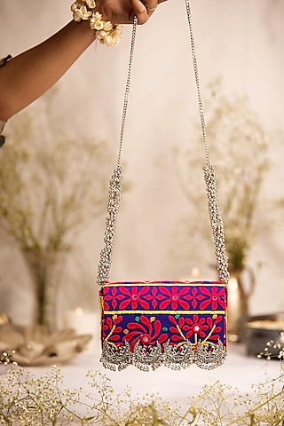 Purple Jacquard Embroidered Handbag by 5 Elements