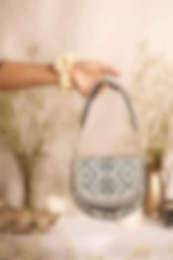 Black Jacquard Geometric Embroidered Circular Handbag by 5 Elements at Pernia's Pop Up Shop