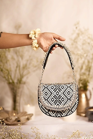 Black Jacquard Geometric Embroidered Circular Handbag by 5 Elements