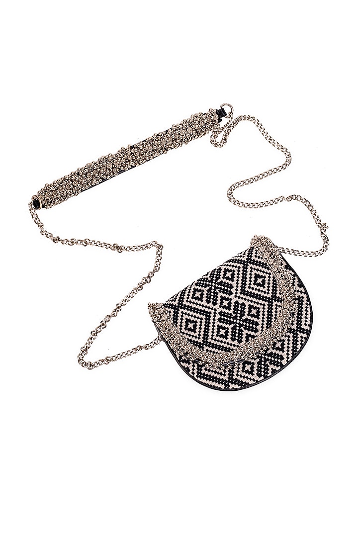 Black Jacquard Geometric Embroidered Circular Handbag by 5 Elements at Pernia's Pop Up Shop