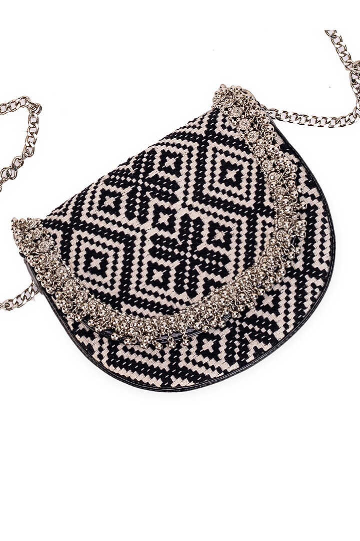 Black Jacquard Geometric Embroidered Circular Handbag by 5 Elements at Pernia's Pop Up Shop