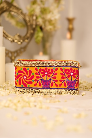 Mustard Jacquard Floral Motif Embroidered Handbag by 5 Elements