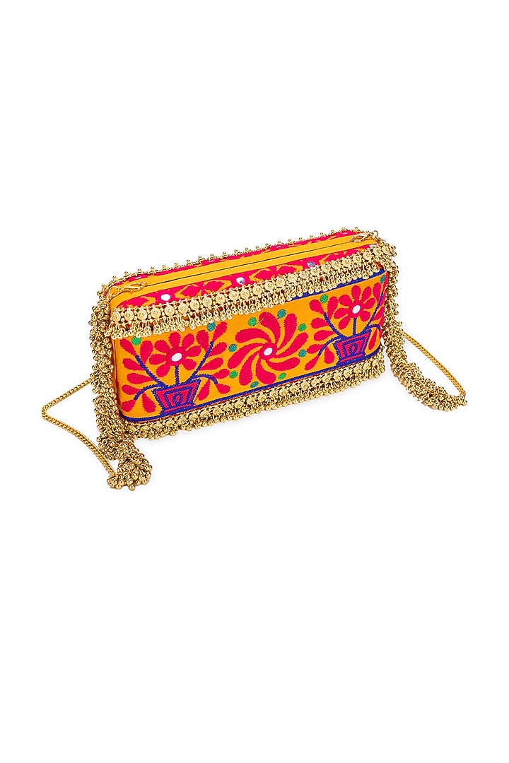 Mustard Jacquard Floral Motif Embroidered Handbag by 5 Elements at Pernia's Pop Up Shop