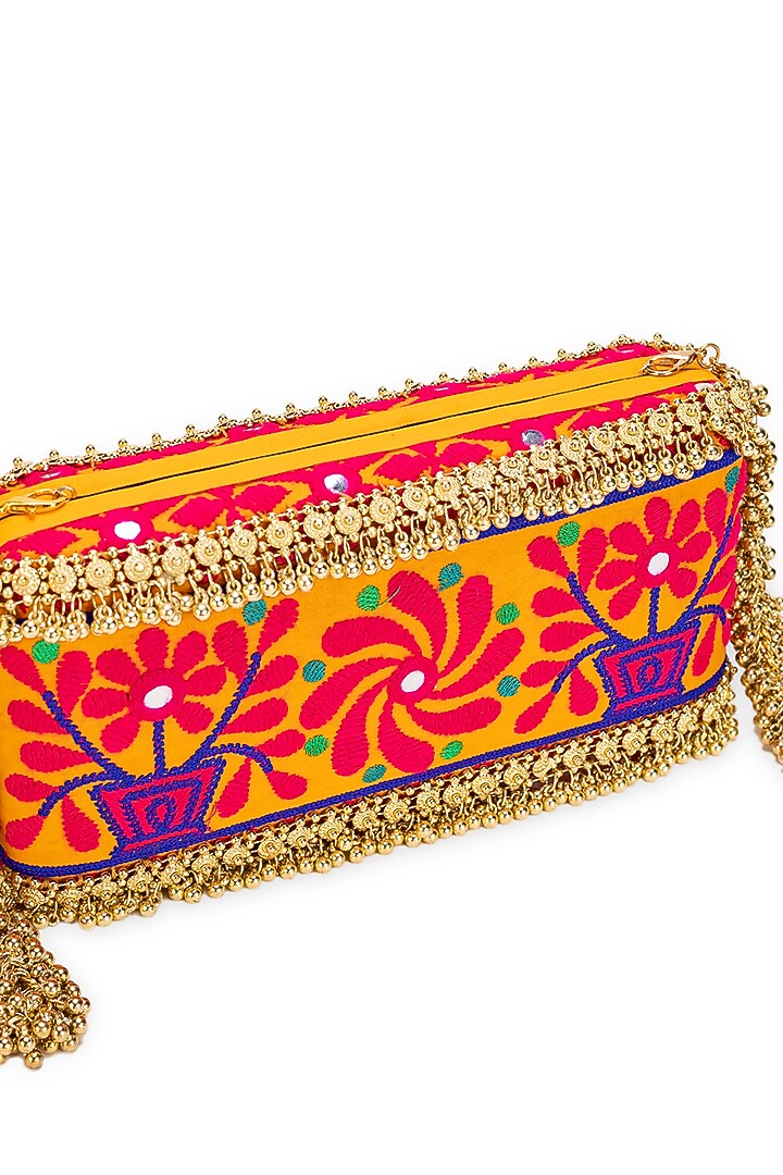 Mustard Jacquard Floral Motif Embroidered Handbag by 5 Elements at Pernia's Pop Up Shop