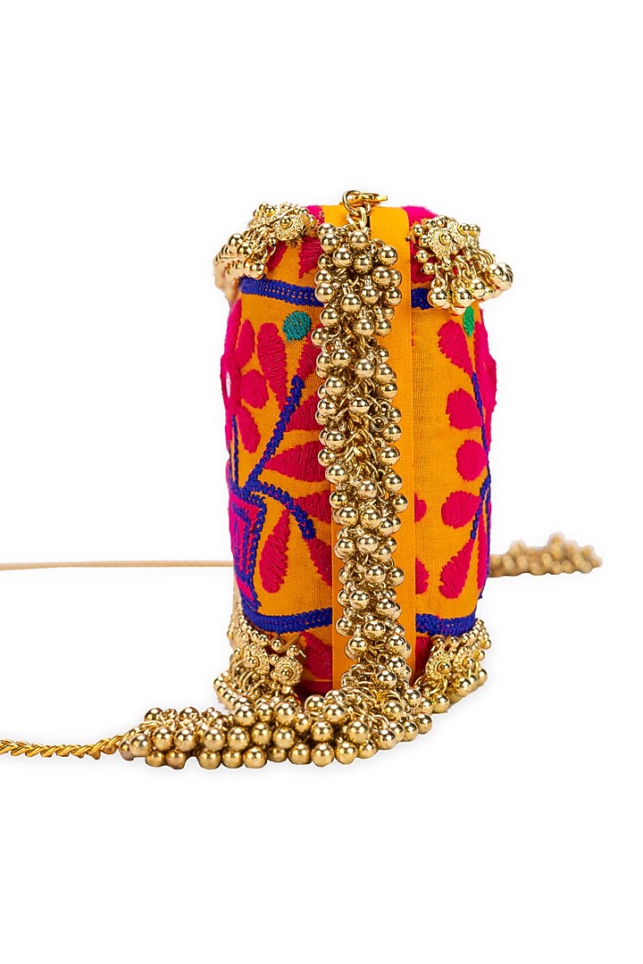 Mustard Jacquard Floral Motif Embroidered Handbag by 5 Elements at Pernia's Pop Up Shop