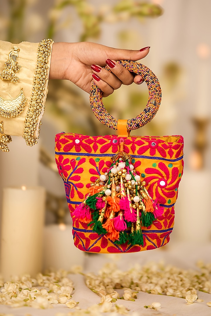 Mustard Jacquard Floral Motif Embroidered Handbag by 5 Elements at Pernia's Pop Up Shop