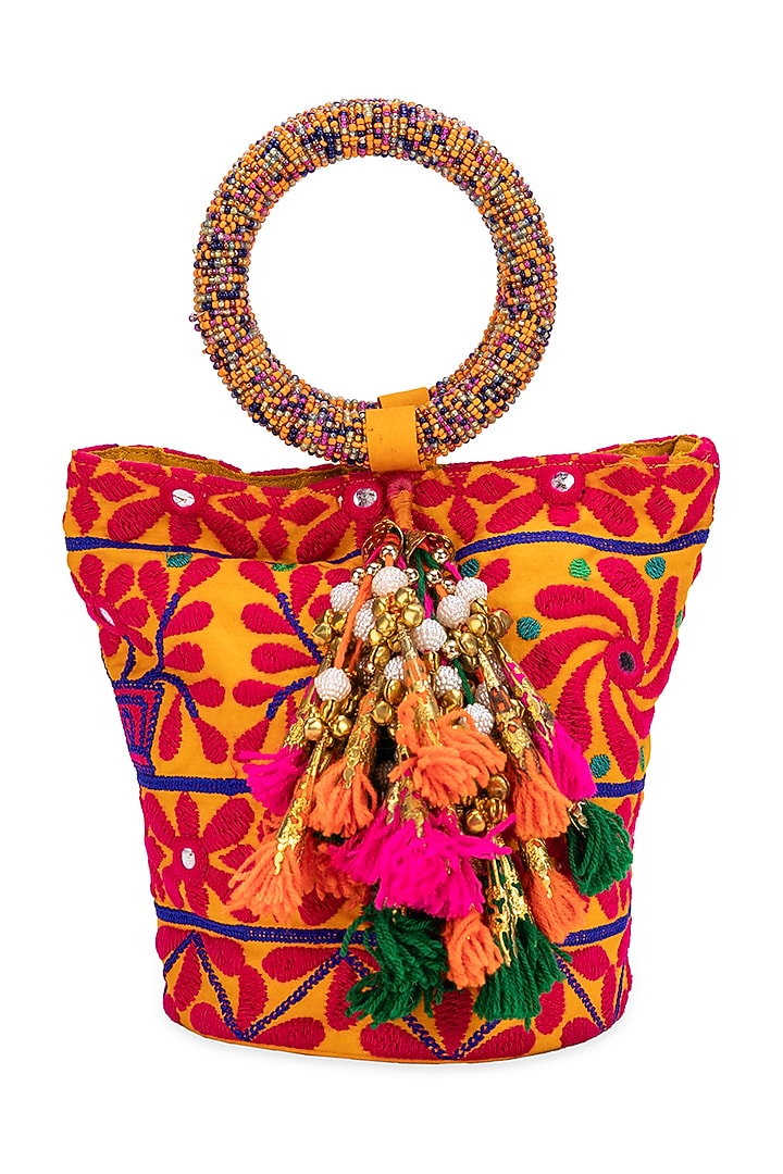 Mustard Jacquard Floral Motif Embroidered Handbag by 5 Elements at Pernia's Pop Up Shop