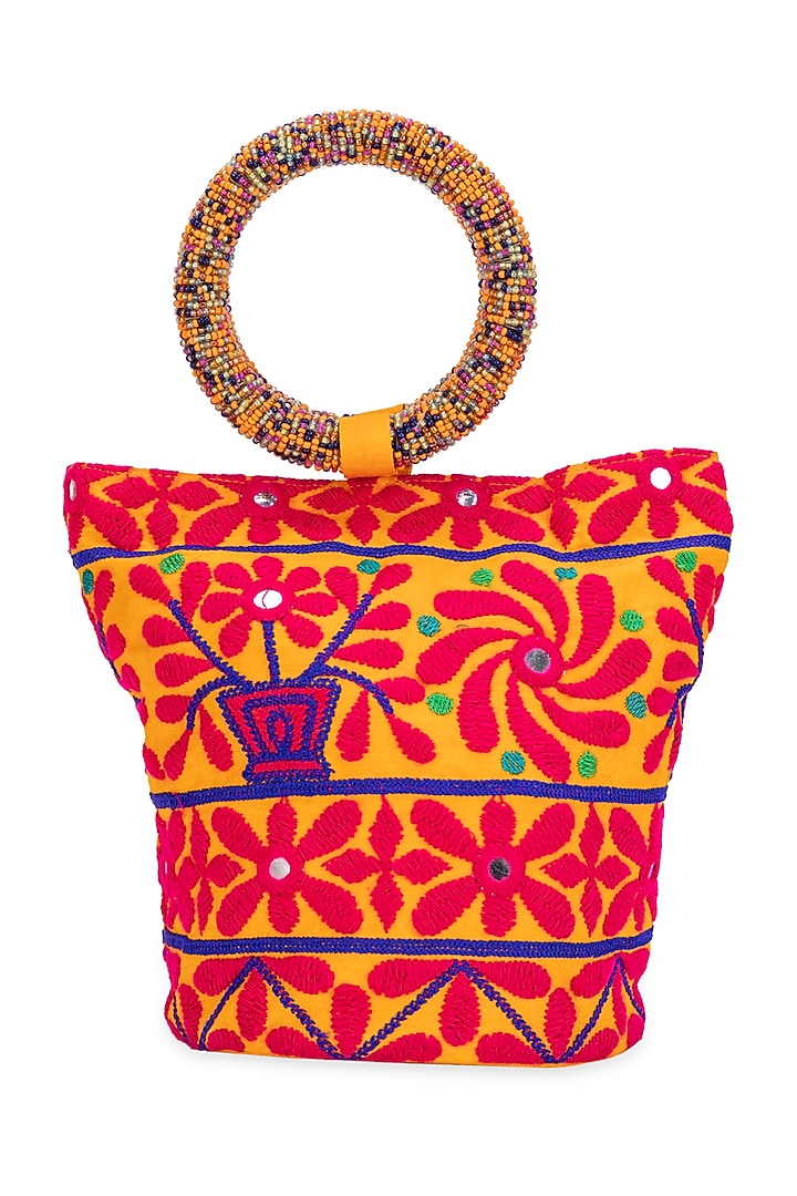 Mustard Jacquard Floral Motif Embroidered Handbag by 5 Elements at Pernia's Pop Up Shop