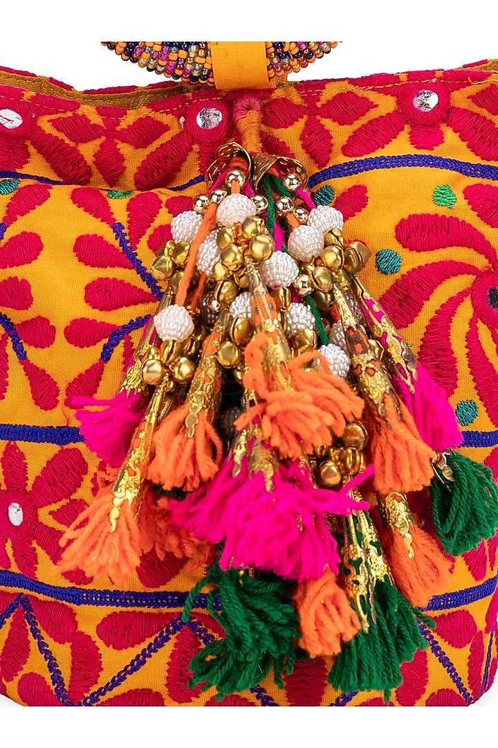 Mustard Jacquard Floral Motif Embroidered Handbag by 5 Elements at Pernia's Pop Up Shop