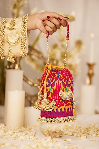 Mustard Jacquard Floral Motif Embroidered Potli Bag by 5 Elements