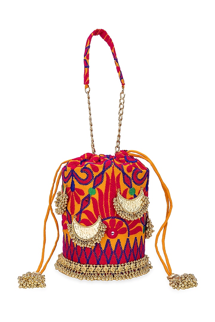 Mustard Jacquard Floral Motif Embroidered Potli Bag by 5 Elements at Pernia's Pop Up Shop