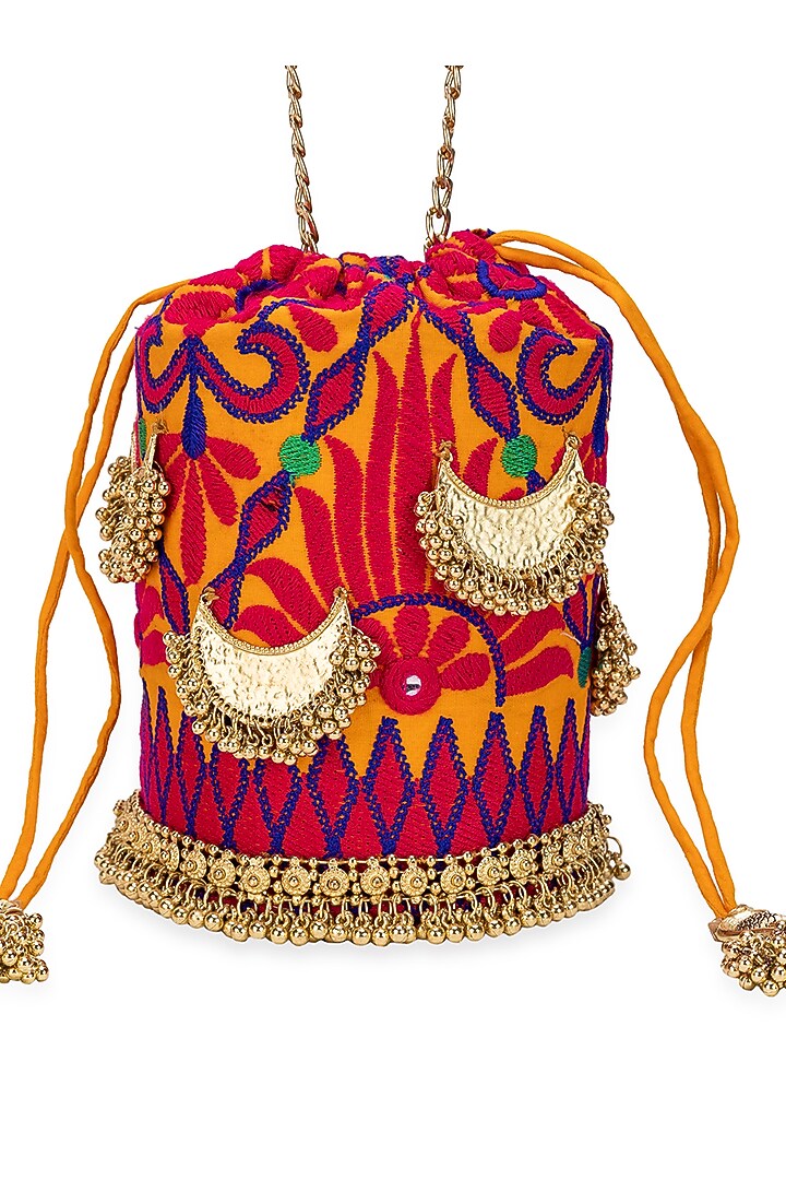 Mustard Jacquard Floral Motif Embroidered Potli Bag by 5 Elements at Pernia's Pop Up Shop