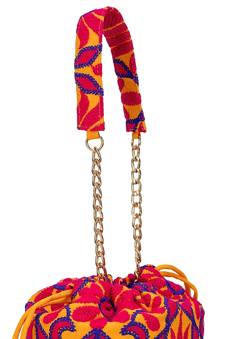Mustard Jacquard Floral Motif Embroidered Potli Bag by 5 Elements at Pernia's Pop Up Shop