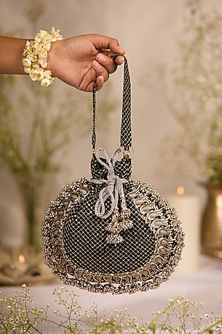 Black Brocade Silver-Tone Embellished Potli Bag by 5 Elements