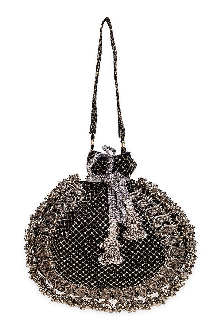 Black Brocade Silver-Tone Embellished Potli Bag by 5 Elements at Pernia's Pop Up Shop