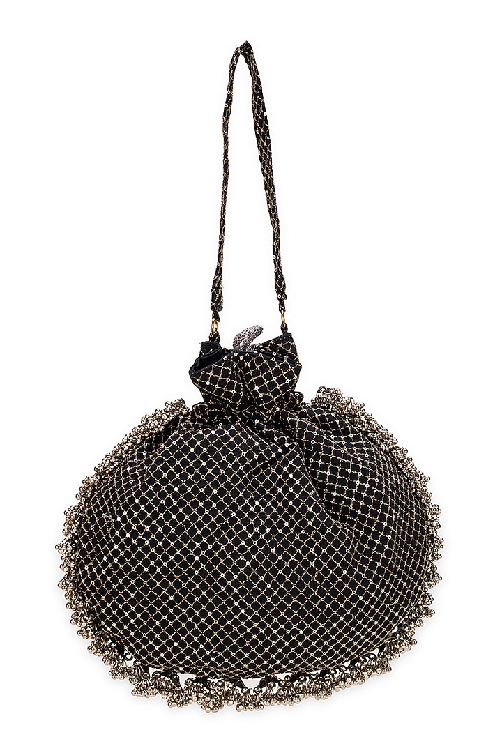 Black Brocade Silver-Tone Embellished Potli Bag by 5 Elements at Pernia's Pop Up Shop