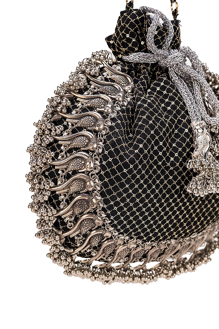 Black Brocade Silver-Tone Embellished Potli Bag by 5 Elements at Pernia's Pop Up Shop