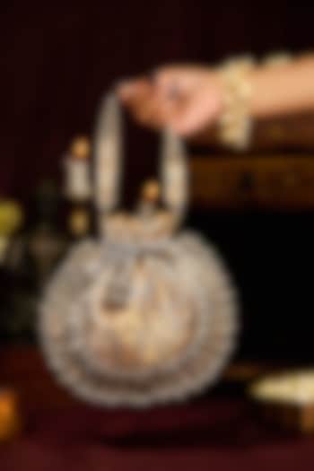 Grey Brocade Paisley Motif Embellished Potli Bag by 5 Elements at Pernia's Pop Up Shop