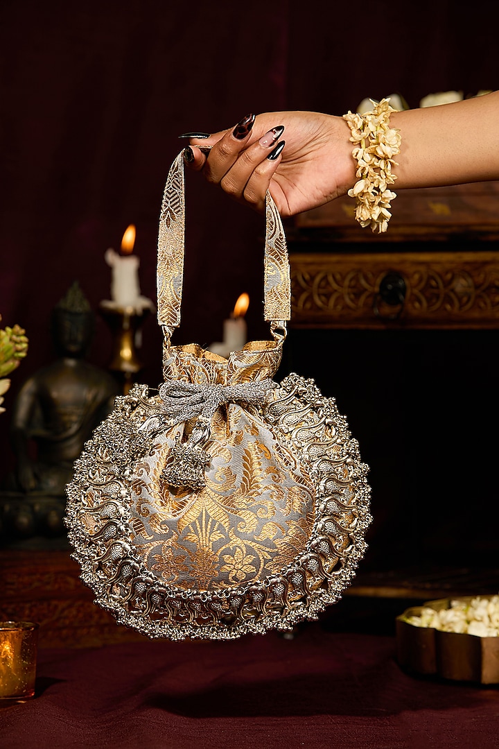 Grey Brocade Paisley Motif Embellished Potli Bag by 5 Elements at Pernia's Pop Up Shop