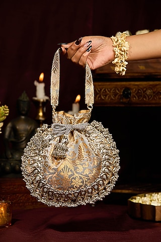 Grey Brocade Paisley Motif Embellished Potli Bag by 5 Elements