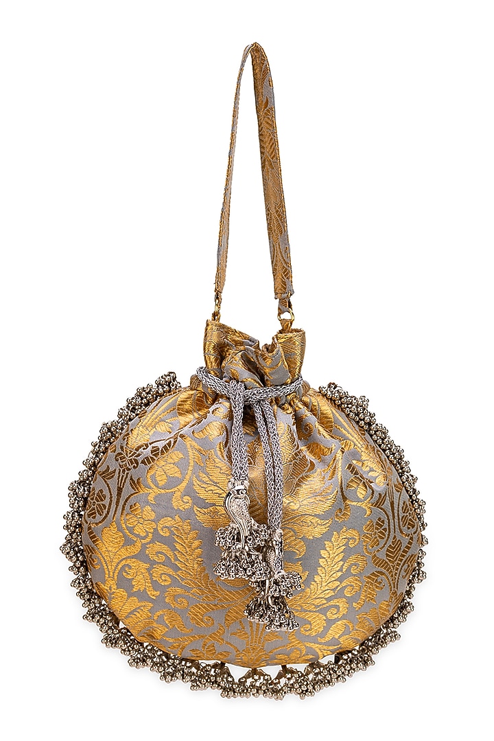 Grey Brocade Paisley Motif Embellished Potli Bag by 5 Elements at Pernia's Pop Up Shop