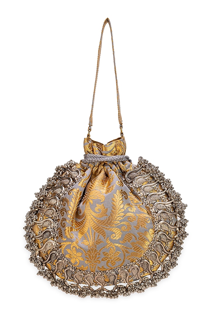 Grey Brocade Paisley Motif Embellished Potli Bag by 5 Elements at Pernia's Pop Up Shop