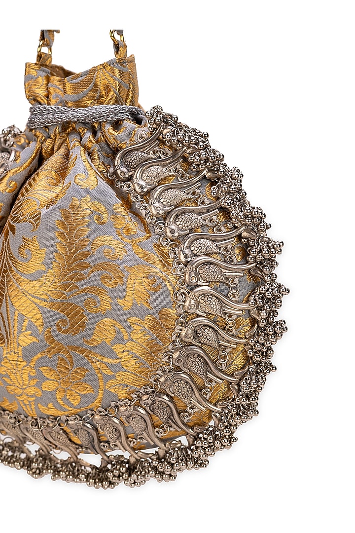 Grey Brocade Paisley Motif Embellished Potli Bag by 5 Elements at Pernia's Pop Up Shop