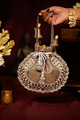 Brown Brocade Chevron Pattern Potli Bag by 5 Elements