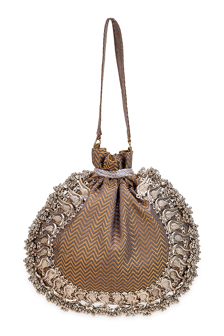 Brown Brocade Chevron Pattern Potli Bag by 5 Elements at Pernia's Pop Up Shop