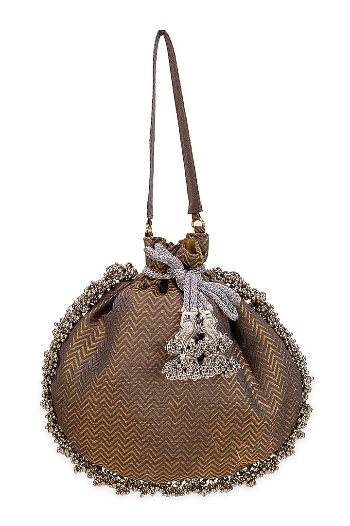 Brown Brocade Chevron Pattern Potli Bag by 5 Elements at Pernia's Pop Up Shop