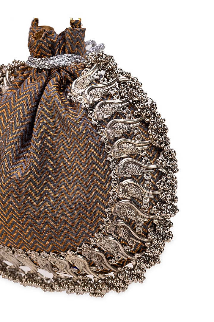 Brown Brocade Chevron Pattern Potli Bag by 5 Elements at Pernia's Pop Up Shop