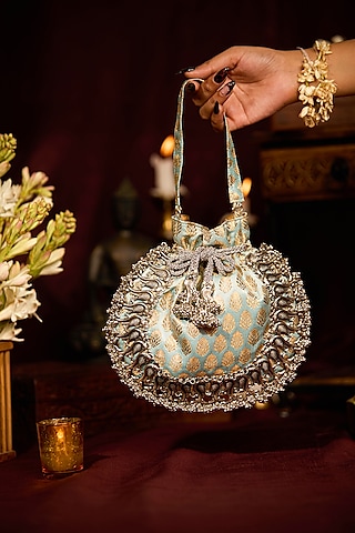 Light Blue Brocade Embellished Textured Potli Bag by 5 Elements