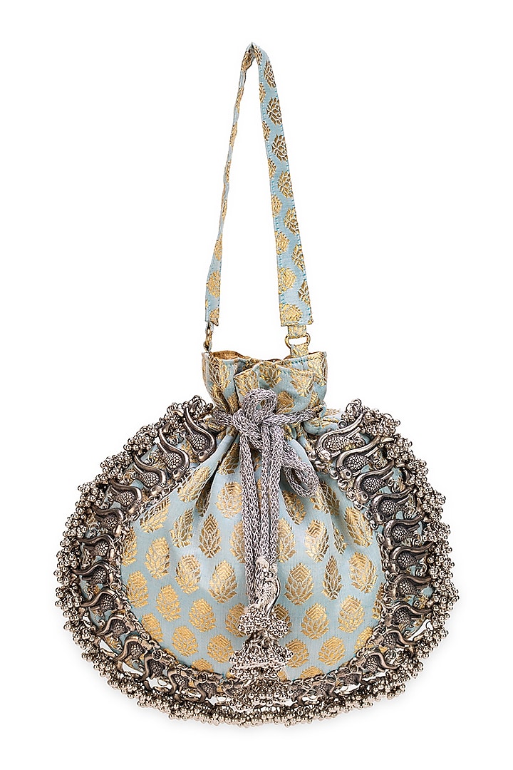 Light Blue Brocade Embellished Textured Potli Bag by 5 Elements at Pernia's Pop Up Shop