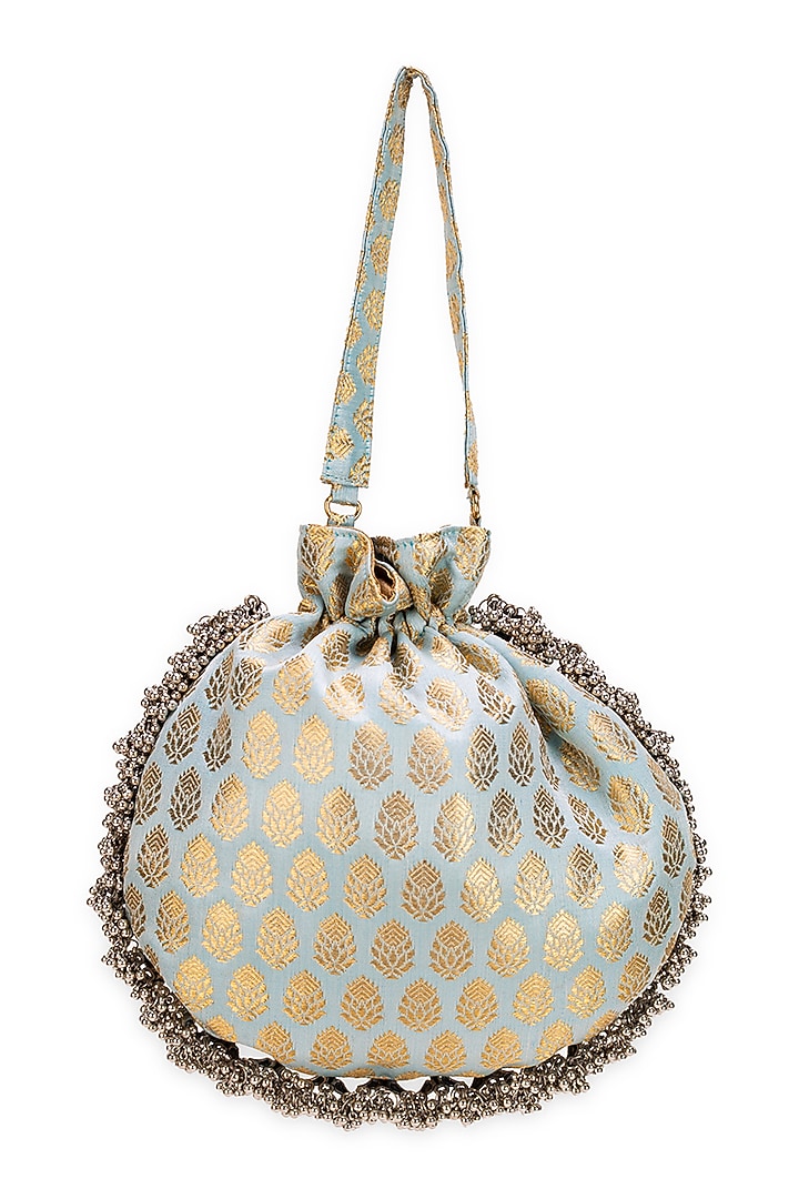 Light Blue Brocade Embellished Textured Potli Bag by 5 Elements at Pernia's Pop Up Shop