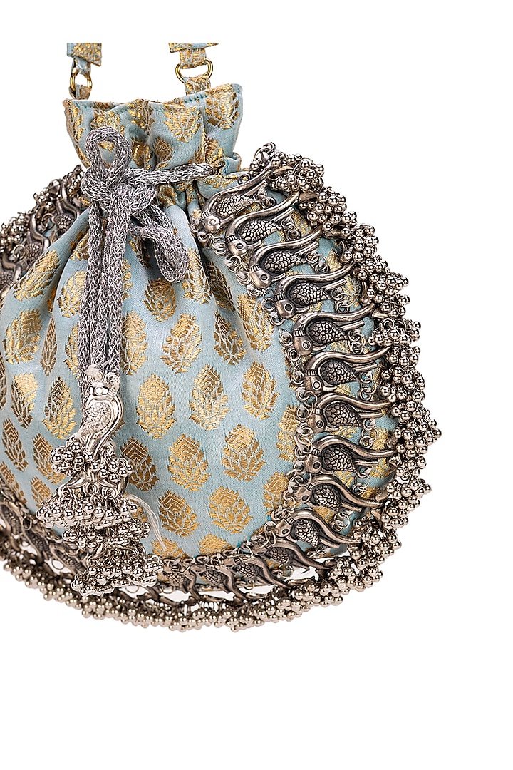 Light Blue Brocade Embellished Textured Potli Bag by 5 Elements at Pernia's Pop Up Shop