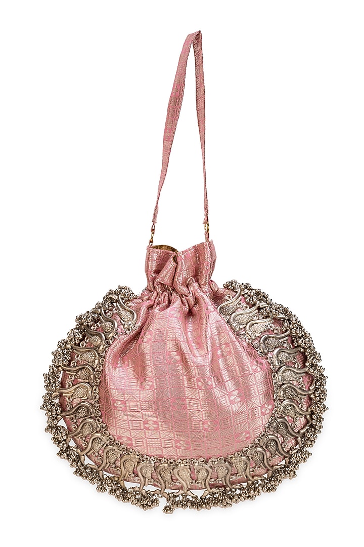 Pink Brocade Tassels Embellished Potli Bag by 5 Elements at Pernia's Pop Up Shop