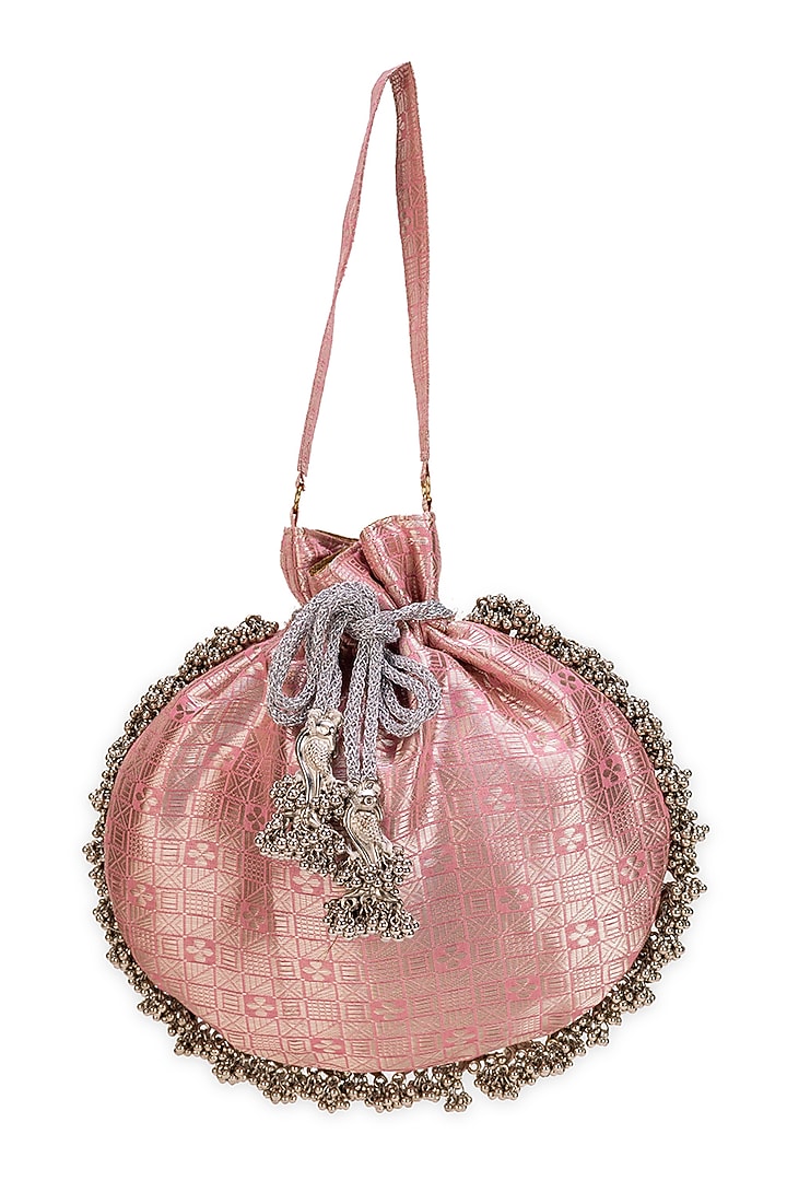 Pink Brocade Tassels Embellished Potli Bag by 5 Elements at Pernia's Pop Up Shop