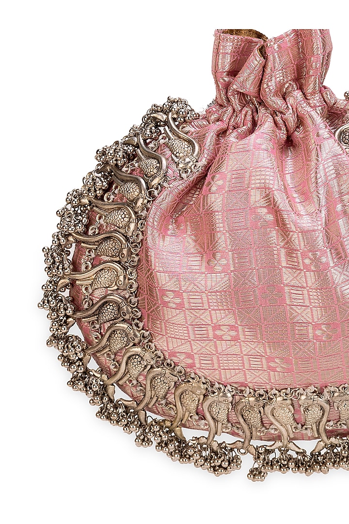 Pink Brocade Tassels Embellished Potli Bag by 5 Elements at Pernia's Pop Up Shop