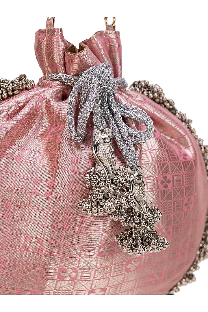 Pink Brocade Tassels Embellished Potli Bag by 5 Elements at Pernia's Pop Up Shop
