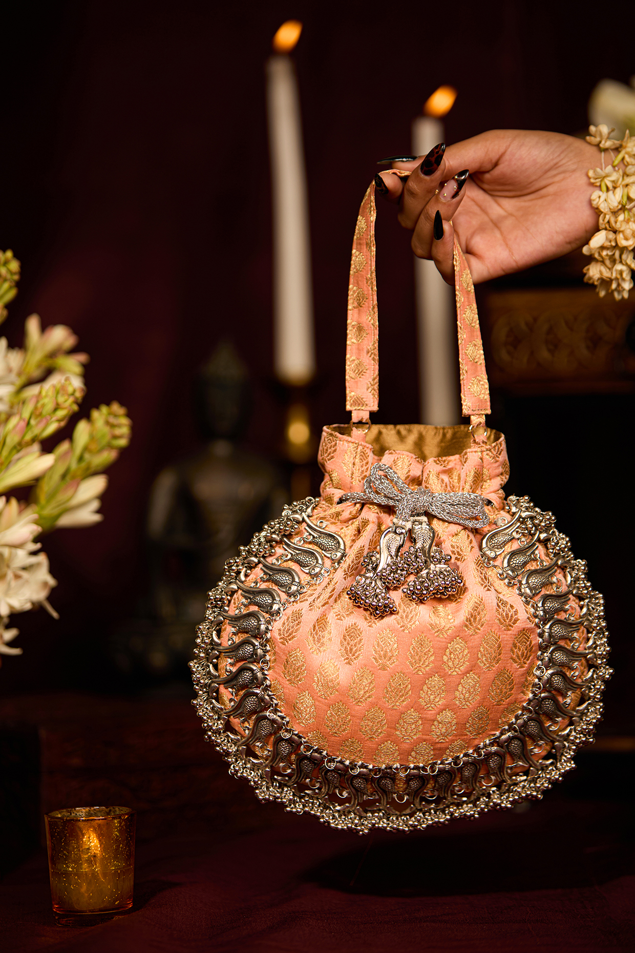 Peach Brocade Pattern Potli Bag by 5 Elements at Pernia's Pop Up Shop