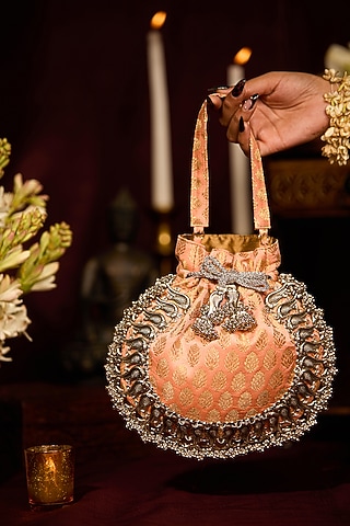 Peach Brocade Pattern Potli Bag by 5 Elements