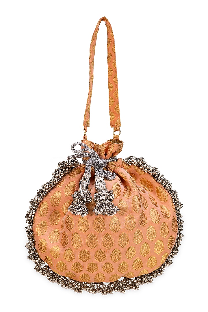 Peach Brocade Pattern Potli Bag by 5 Elements at Pernia's Pop Up Shop