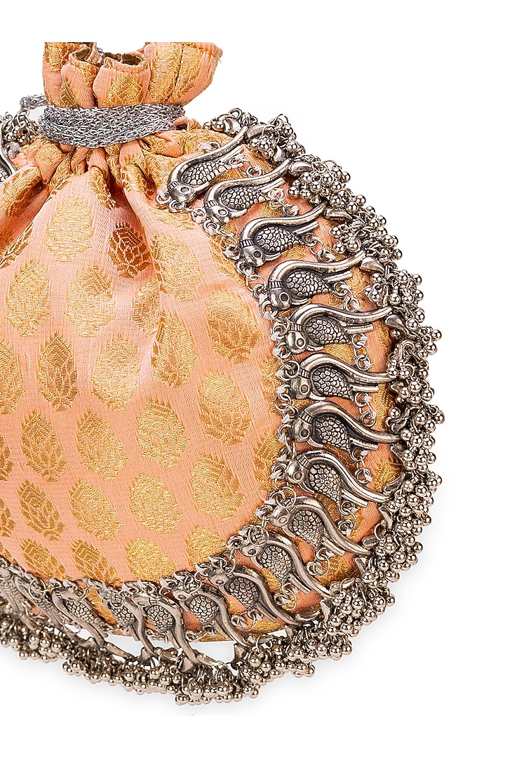 Peach Brocade Pattern Potli Bag by 5 Elements at Pernia's Pop Up Shop