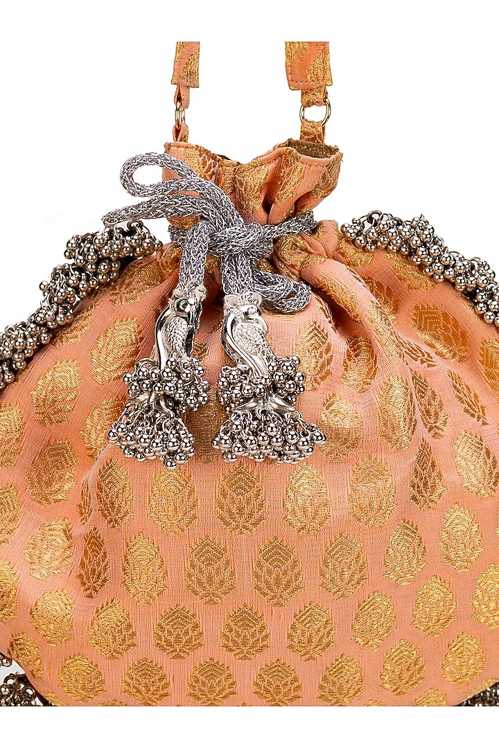 Peach Brocade Pattern Potli Bag by 5 Elements at Pernia's Pop Up Shop
