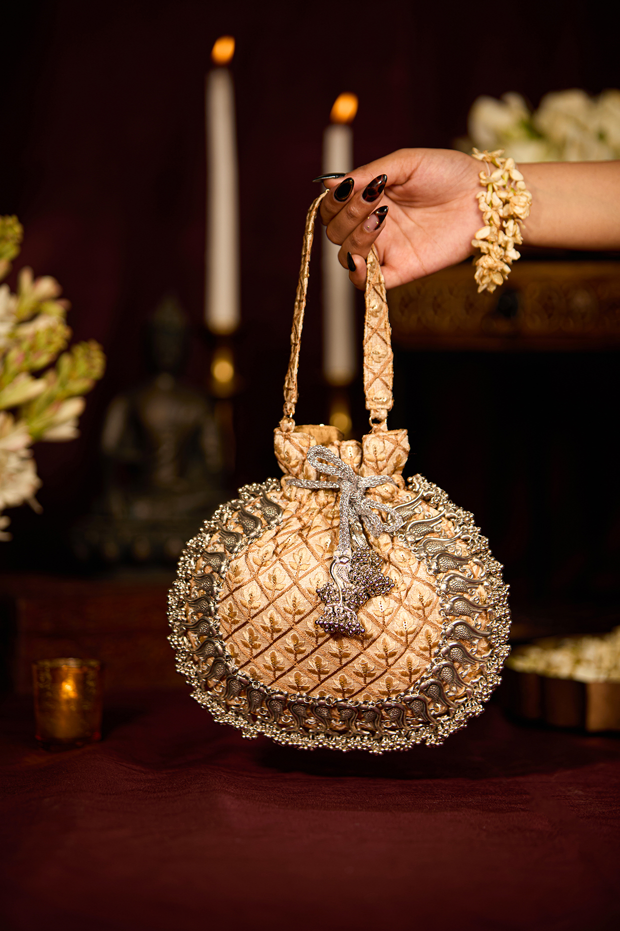 Gold Brocade Criss-Cross Pattern Potli Bag by 5 Elements at Pernia's Pop Up Shop