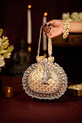 Gold Brocade Criss-Cross Pattern Potli Bag by 5 Elements